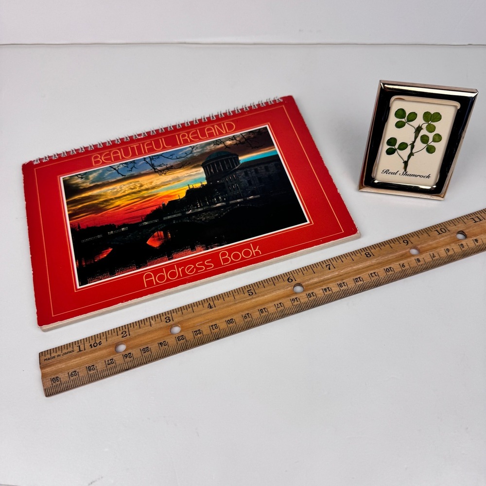 Vtg Beautiful Ireland Pics Address Book Spiral Bound w Real Shamrocks Frame READ